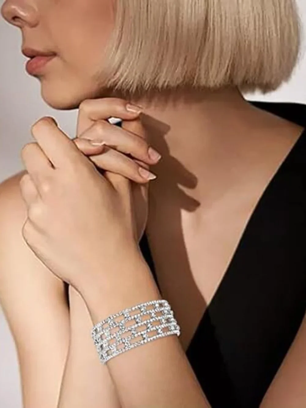 Multi Layer Crystal Cuff Bracelet Silver Tone  Lots of Rhinestones‎